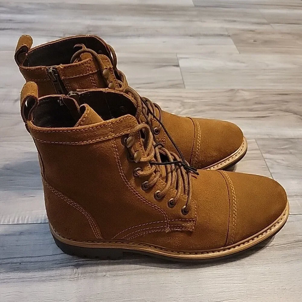 Frye Russell Boots Mens 9.5M‎ Brown Suede Leather Lace-Up Zip Side Stylish NEW